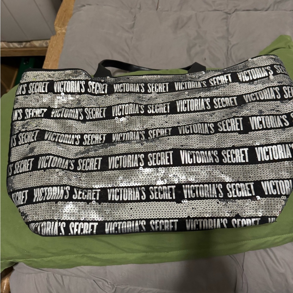 Victoria's Secret Black and Silver Striped Tote